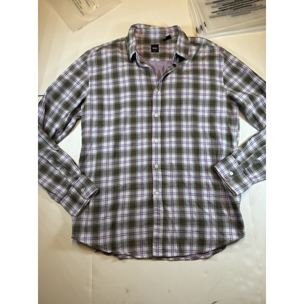BOSS Shirt Mens 2XL Slim Fit Multicolor Plaid Button Up Long Sleeve Cotton
